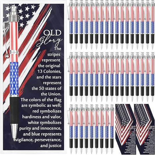 100 Sets American Flag Ballpoint Pens Bulk USA Patriotic Themed Black Ink Retractable Pen Stars Stripes Bookmarks Stationery Easter Party Gifts for Home Office Army Veterans Souvenirs