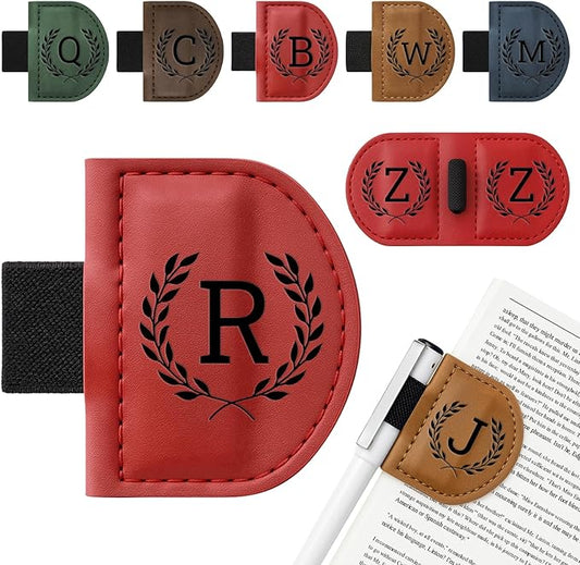 Personalized Bygone Mark Bookmark with Pen Holder,Engraving Leather Magnetic Bookmarks Vintage 26 Letters Name Initials Text Book Marker Clips Gifts for Reading Book Lovers Women (Red, R)