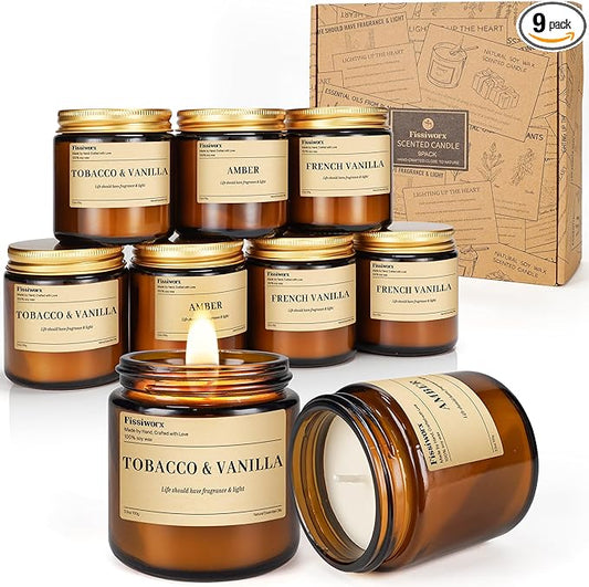 9 Pack Soy Candles for Home Scented |（Vanilla/Amber/French Vanilla） Long-Lasting 270 Hours, Natural Scented Candles Gift for Women & Men, Birthday, Mother’s Day, Christmas, Thanksgiving