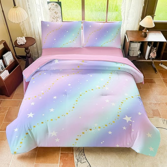 Rainbow Bedding Set Full Size – 5 Piece Reversible Girls Comforter with Deep-Pocket Sheet, Gradient Galaxy Design, Whole-Piece Filling, Machine Washable Bed-in-a-Bag for Kids Room Makeover & Gifts