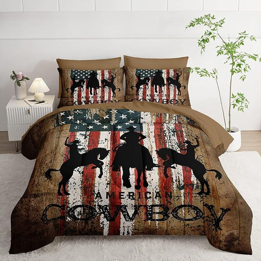 7Pcs Western Cowboy Comforter Set American Flag Printed Bedding Set with 1 Comforter, 1 Flat Sheet, 1 Fitted Sheet and 4 Pillowcases for Bedroom All Season(Cowboy Twin)