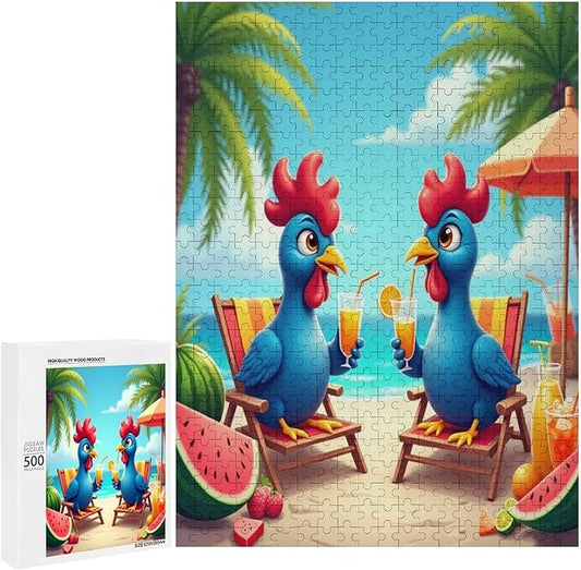 Jigsaw Puzzles for Adults 500 Piece - Cartoon Seaside Holiday Chicken Wooden Puzzles, Family Puzzles，Educational Games，Challenge Puzzles Puzzle Games