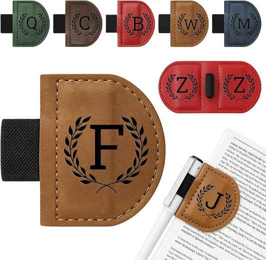 Personalized Bygone Mark Bookmark with Pen Holder,Engraving Leather Magnetic Bookmarks Vintage 26 Letters Name Initials Text Book Marker Clips Gifts for Reading Book Lovers Women (Brown, F)