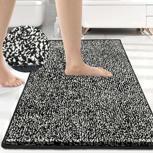 HDFK Bathroom Rugs | Non Slip Washable Bath Mats 24x16 Inches 2 Tone Plush Chenille Medium Pile Floor Mat | Ultra Absorbent Shower Rug | Black and White Stain Hiding for Wet Dry Transition Zone