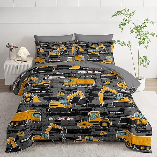 7Pcs Truck Comforter Set Engineering Vehicle Printed Bedding Set with 1 Comforter, 1 Flat Sheet, 1 Fitted Sheet and 4 Pillowcases for Boys and Girls Bedroom All Season(Queen)