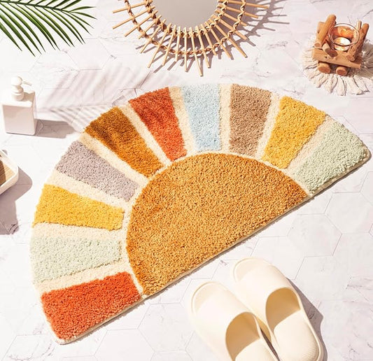 Large 37" x 20" Sunrise Boho Bathroom Rugs,Half Circle Bath Mat Cute,Sun Bath Mats,Retro Bohemian Half Round Home Bathroom Decor,Small Colorful Fun Semi Round Shower Rug Non-Slip