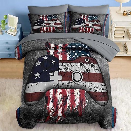 Comforter Set King Size, Gamepad 4Th July Funny 7 Pcs Bedding for Kids and Adults, American Flag Bed Sheet Sets with Fitted Sheet 2 Pillowcases & 2 Shams for Bedroom Bed Decor