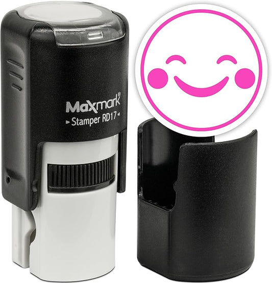 MaxMark Round Self Inking Emoji Stamp - Happy - Pink Ink