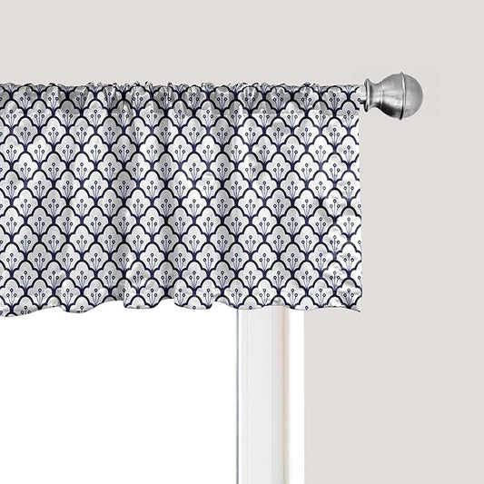 Ambesonne Dutch Window Valance Pack of 2, Blue Toned Traditional Delftware Pattern Abstract Ornamental Floral Scales, Rod Pocket Curtain Valances for Kitchen Bedroom, 42" X 12", Indigo and White