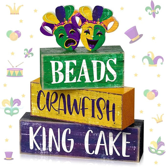 4 Pcs Mardi Gras Decorations Mardi Gras Faux Stacked Books Wooden Sign Book Stack for Kitchen Dining Table Tiered Tray Fireplace Mantel Home Decor
