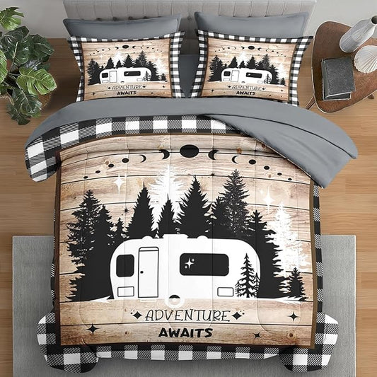 Comforter Set Twin Size, Camping Camper Rv 5 Pcs Bedding for Kids and Adults, Car Family Bed Sheet Sets with Fitted Sheet Pillowcase & Sham for Bedroom Bed Decor