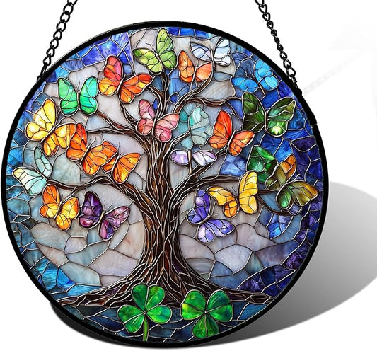 Stained Glass Window Hanging, Butterfly Tree Clover Sun Catchers Glass Panel Blue Suncatcher Decor for Birthday for Women, Men, Wife, Aunt, and Mom 9.8 in