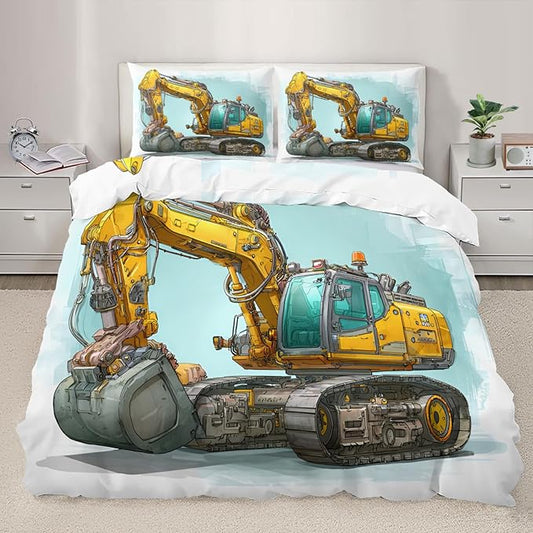 Yellow Excavator Bedding Set Oversized King Engineering Vehicle Duvet Cover Construction Vehicle Comforter Cover Construction Machinery Bed Set with Pillowcases for Bedroom