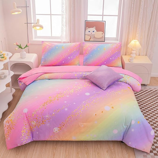 Rainbow Bedding Set Full Size – 6-Piece Reversible Girls Comforter with Deep-Pocket Sheet, Gradient Galaxy Design, Whole-Piece Filling, Machine Washable Bed-in-a-Bag for Kids Room Makeover & Gifts