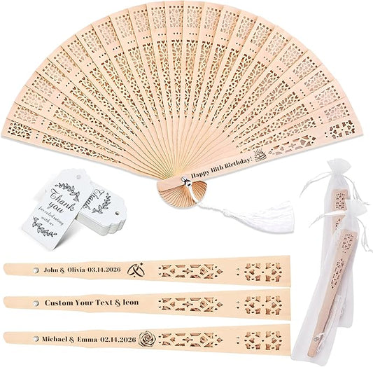 200 Pcs Personalized Sandalwood Wood Handheld Folding Fans with Organza Bags Wedding Fans Custom Name Text Icon Gift for Wedding Graduation Party Guests Baby Shower (200)