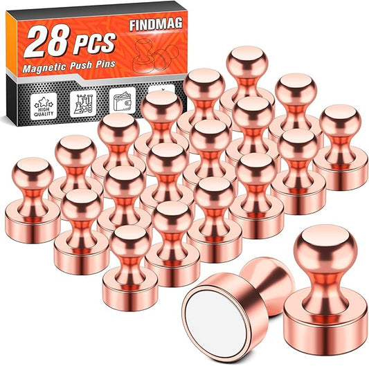 FINDMAG Refrigerator Magnets, Cool and Powerful Locker Magnet, Strong and Cute Magnetic Push Pins for Whiteboard, Stylish Dry Erase Board Magnets for Office, Classroom, Kitchen, Pack of 28 (Rose Gold)