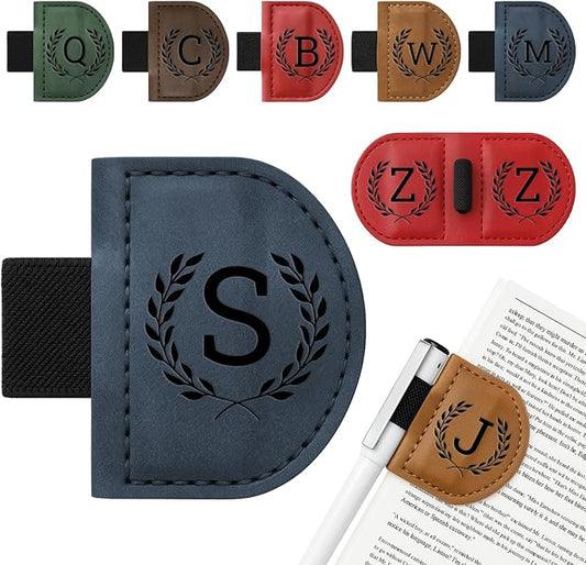 Personalized Bygone Mark Bookmark with Pen Holder,Engraving Leather Magnetic Bookmarks Vintage 26 Letters Name Initials Text Book Marker Clips Gifts for Reading Book Lovers Women (Blue, S)