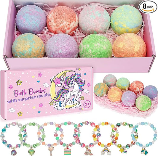 Unicorn Bath Bombs for Kids Girls with Surprise Inside, 8 Pcs Natural Fizzy Princess Bubble Bath Bomb Kit with Toys, Birthday Gift for 3 4 5 6 Year Old Girl