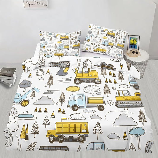 Cartoon Excavator Truck Duvet Cover Queen Size Construction Vehicles Bedding Set Forest Road Construction Comforter Set Hand-Drawn Kids Engineering Vehicle Quilt Cover Soft Microfiber for Bedroom