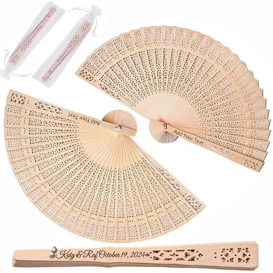 150 Pcs Wedding Fans Personalized Folding Hand Fans, Custom Sandalwood Handheld Fans Bulk Wooden Folding Fan, Vintage Hollow Carved Fans for Wedding Decoration Party Gifts Baby Shower (150 Pcs)