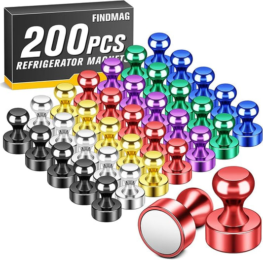 FINDMAG Magnets for Fridge, 200Pcs Decorative Neodymium Dry Erase Board Magnet, Strong Refrigerator Magnets for Whiteboard, Colorful Magnetic Push Pins for Office, Kitchen, Classroom, Home, Crafts
