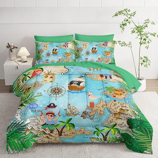 7Pcs Comforter Set Pirate Ship Printed Bedding Set with 1 Comforter, 1 Flat Sheet, 1 Fitted Sheet and 4 Pillowcases for Boys and Girls Bedroom All Season(Pirate Ship Queen)