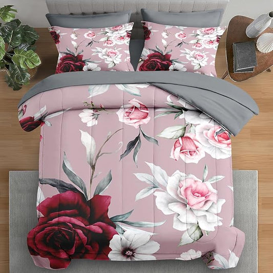 Comforter Set King Size, Rose Flower Leaves 7 Pcs Bedding for Kids and Adults, Painting Vintage Bed Sheet Sets with Fitted Sheet 2 Pillowcases & 2 Shams for Bedroom Bed Decor