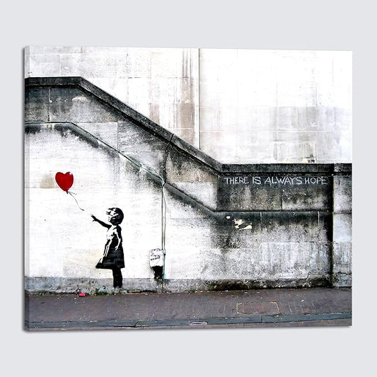 Wieco Art Banksy Grafitti Girl with Red Balloon Large Modern Gallery Wrapped Giclee Canvas Prints Artwork Grey Love Pictures Paintings on Canvas Wall Art for Living Room Bedroom Home Decorations