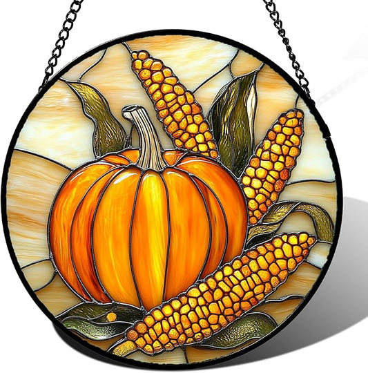 Stained Glass Window Hanging Autumn Harvest Pumpkin Corn 7.8" - Suncatcher Door Garden Kitchen Sunroom Sun Catcher Fall Home Decor Birthday for Mom Grandma Men Woman