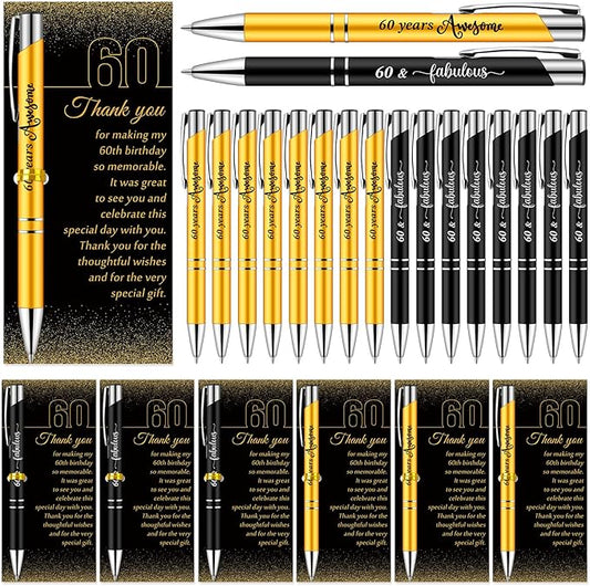 25 Sets 60th Birthday Themed Party Favors for Guests Including Birthday Ballpoint Pens and Black Gold Thank You Cards for Guests New Year Anniversary Appreciation Gifts