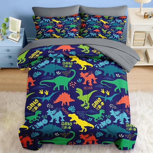 Comforter Set Full Size, Dinosaur Vintage 7 Pcs Bedding for Kids and Adults, Tropical Dino Bed Sheet Sets with Fitted Sheet 2 Pillowcase & 2 Sham for Bedroom Bed Decor