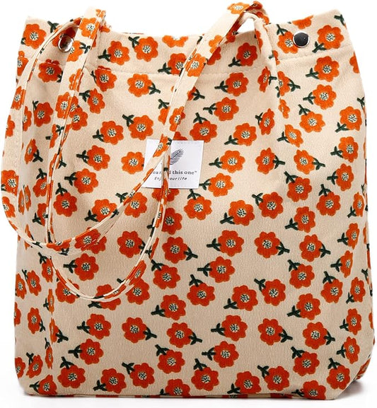 Corduroy Tote Bag Cute Tote Bags for Women Shoulder Bag with Inner Pocket for Work Beach Travel and Shopping Grocery