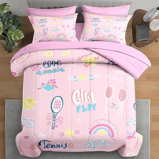 Comforter Set Full Size, Cute Tennis Pink 7 Pcs Bedding for Kids and Adults, Rainbow Ball Flower Bed Sheet Sets with Fitted Sheet 2 Pillowcases & 2 Shams for Bedroom Bed Decor
