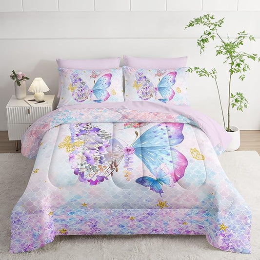 7Pcs Cartoon Butterfly Comforter Set Watercolor Printed Bedding Set with 1 Comforter, 1 Flat Sheet, 1 Fitted Sheet and 4 Pillowcases for Bedroom All Season(Butterfly-3 Queen)