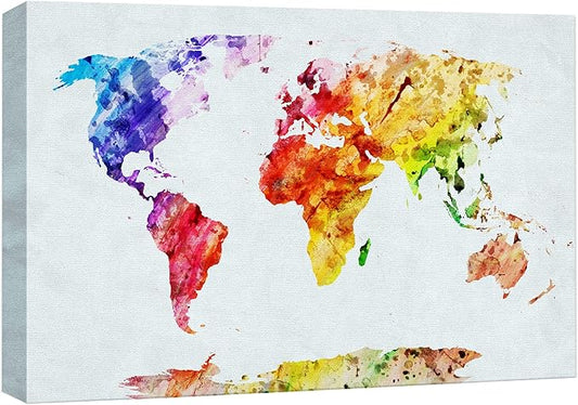 wall26 Canvas Print Wall Art Watercolor Style Rainbow Streak World Map Architecture & Maps Cultural Illustrations Modern Art Traditional Multicolor for Living Room, Bedroom, Office - 16"x24"