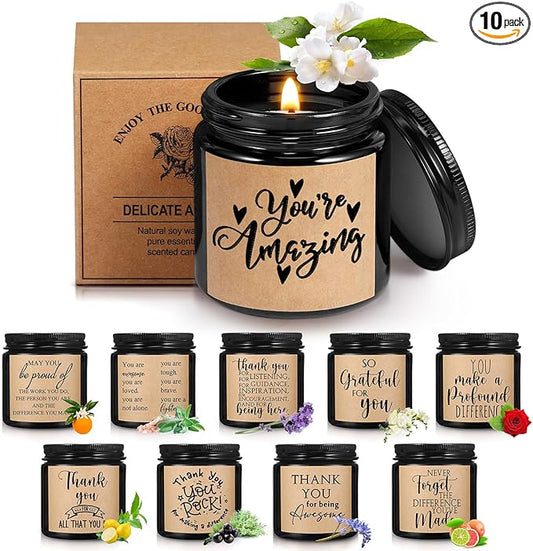 Roowest 10 Jars Thank You Gift Candles 3.5 oz Valentines Employee Appreciation Gifts Bulk Soy Wax Jar Inspirational Candle Thank You Coworkers Employee Women Secretaries Teacher(Black,Classic,Cute)