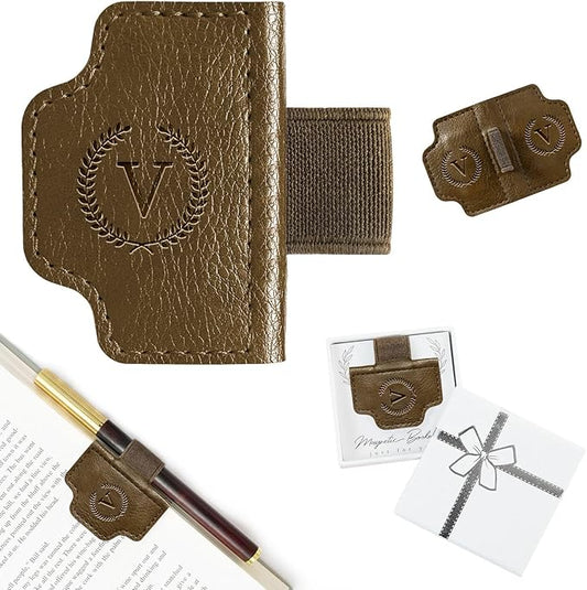 BygoneMark Magnetic Leather Bookmark with Pen Holder, Personalized Custom Initial Page Marker & Pen Clip, Professional Book Accessory for Students (Dark Brown-V)