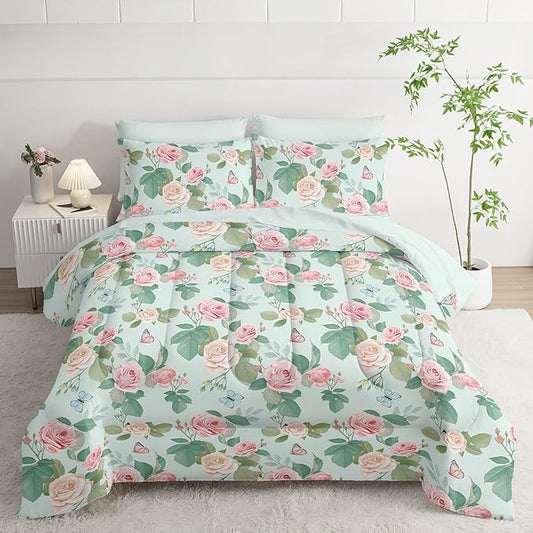 7Pcs Comforter Set Butterfly Flowers Green Leaves Printed Bedding Set with 1 Comforter,1 Flat Sheet,1 Fitted Sheet and 4 Pillowcases for Boys and Girls Bedroom All Season(Twin)