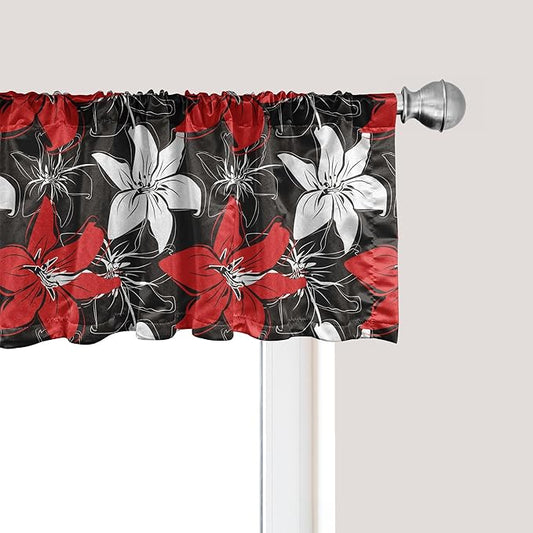 Ambesonne Floral Window Valance, Bedding Plants Flourishing Garden Pattern Retro Nature, Curtain Valance for Kitchen Bedroom Decor with Rod Pocket, 42" x 12", Vermilion White Black