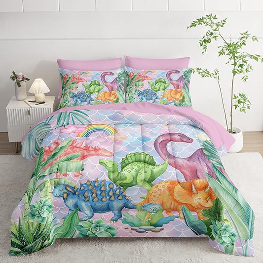 Pastel Dinosaur Comforter Set (7 Piece) - Mermaid Scale Kids Bedding, Pink Blue Purple Dinosaur Quilt Set for Boys Girls, All Season Microfiber Bed Set with Shams, Flat/Fitted Sheet (Queen)