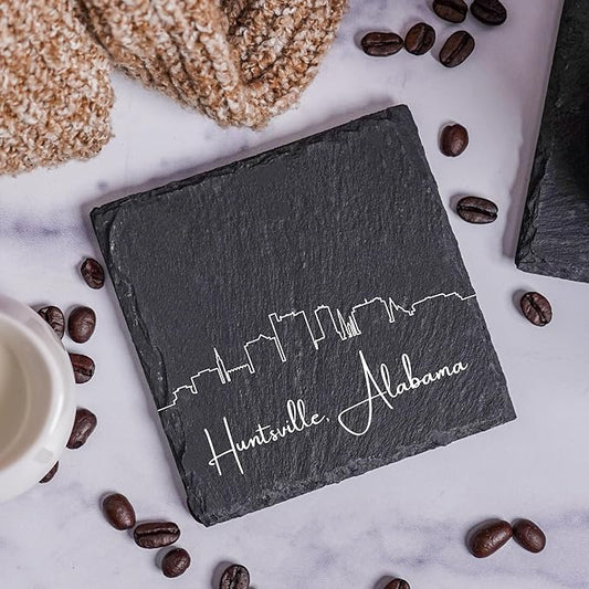 Blue Ridge Mountain Gifts - Huntsville AL Skyline Coasters, Set of 4 - Huntsville Alabama Souvenir, Slate Coasters with Minimalist Skyline, Housewarming Gift for Friends, Family, & Neighbors