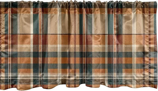 Ambesonne Autumn Plaid Window Valance Pack of 2, Fall Harvest Traditional Buffalo Tartan Lines Thanksgiving Art, Rod Pocket Curtain Valances Kitchen Bedroom, 54" X 12",Orange Tan Grey Teal