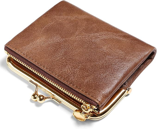 Wallet Women Small RFID Blocking Bifold Leather Wallets for Women Vintage Coin Purse With Zipper and Kiss Lock
