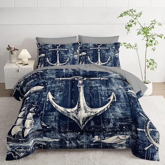 7Pcs Nautical Anchor Comforter Set Ocean Sailboat Printed Bedding Set with 1 Comforter, 1 Flat Sheet, 1 Fitted Sheet and 4 Pillowcases for Bedroom All Season(Anchor Queen)