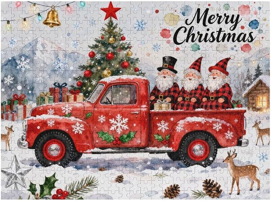 Merry Christmas-Red Car Gnomes 1000-Piece Wooden Jigsaw Puzzle, Holiday Cheer Puzzle, Red Car Gnomes Scene, Indoor Entertainment, Family Fun, Stress-Relief Puzzle