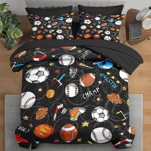 Comforter Set King Size, Basketball Football Baseball 7 Pcs Bedding for Kids and Adults, Hockey Sport Bed Sheet Sets with Fitted Sheet 2 Pillowcases & 2 Shams for Bedroom Bed Decor