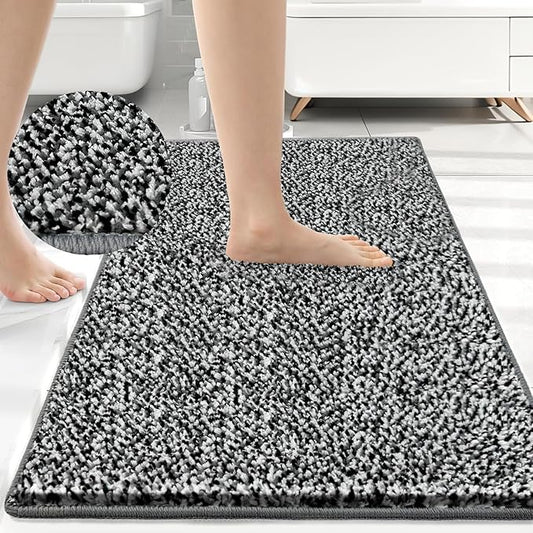 HDFK Bathroom Rugs | Non Slip Washable Bath Mats 24x16 Inches 2 Tone Soft Chenille Medium Pile TPR Floor Mat | High Absorbency Quick Dry Grey and White | Shower Rug for Wet Dry Zone