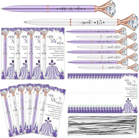 25 Set Quinceanera Party Favors for Guest Sweet 15 Diamond Pens Bulk Mis XV Años Fancy Ballpoint Pen with Thank You Cards and Ties 15th Birthday Thank You Gifts(White, Purple)