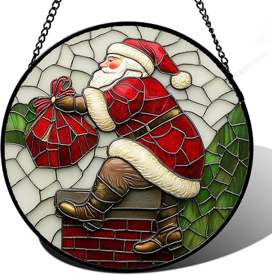 Stained Glass Window Hangings - Santa Claus Climbing The Chimney Suncatcher for Door Home Christmas Decor Sun Catcher Thanksgiving New Year Birthday Gifts for Women Men Mom Nana 15 in