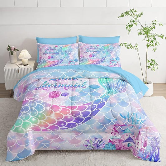 7Pcs Comforter Set Rainbow Mermaid Tail Printed Bedding Set with 1 Comforter, 1 Flat Sheet, 1 Fitted Sheet and 4 Pillowcases for Girls Bedroom All Season(Mermaid-3 Twin)